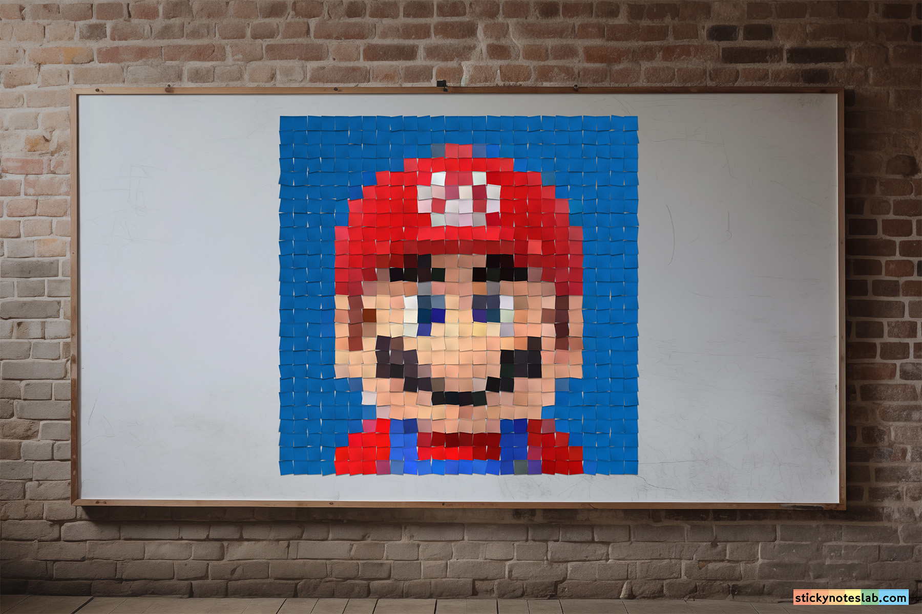 Post-it notes mosaic of Super Mario over home office desk